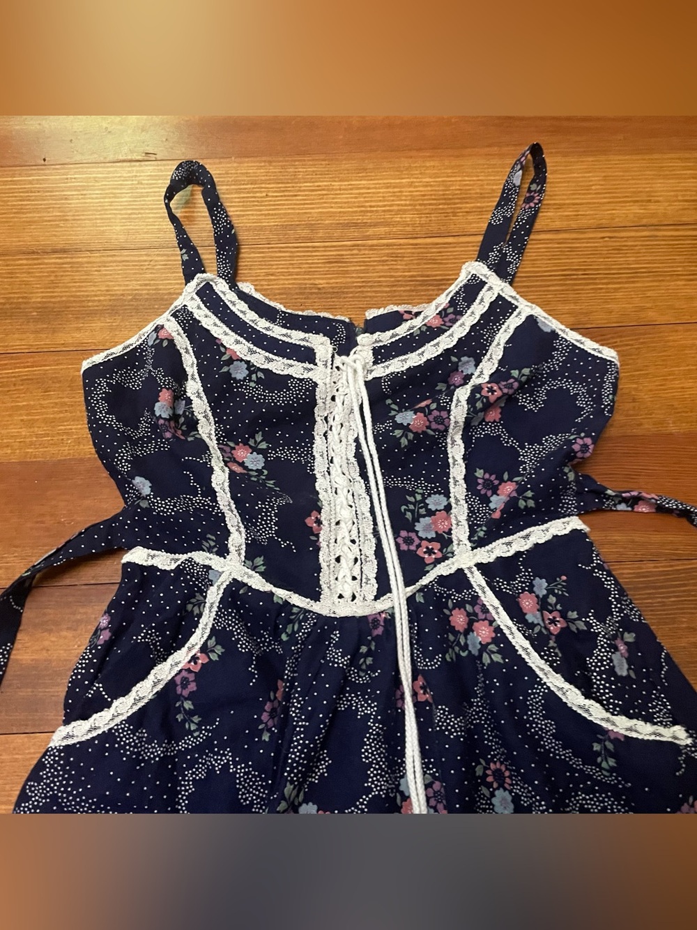 Vintage Gunne Sax Navy & Pink Calico Floral Dress w Lace Trim Size 7 - Picture 12 of 16